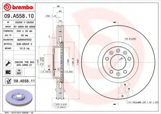 Disc frana CITROEN C6 (TD) (2005 - 2016) BREMBO 09.A558.11 piesa NOUA