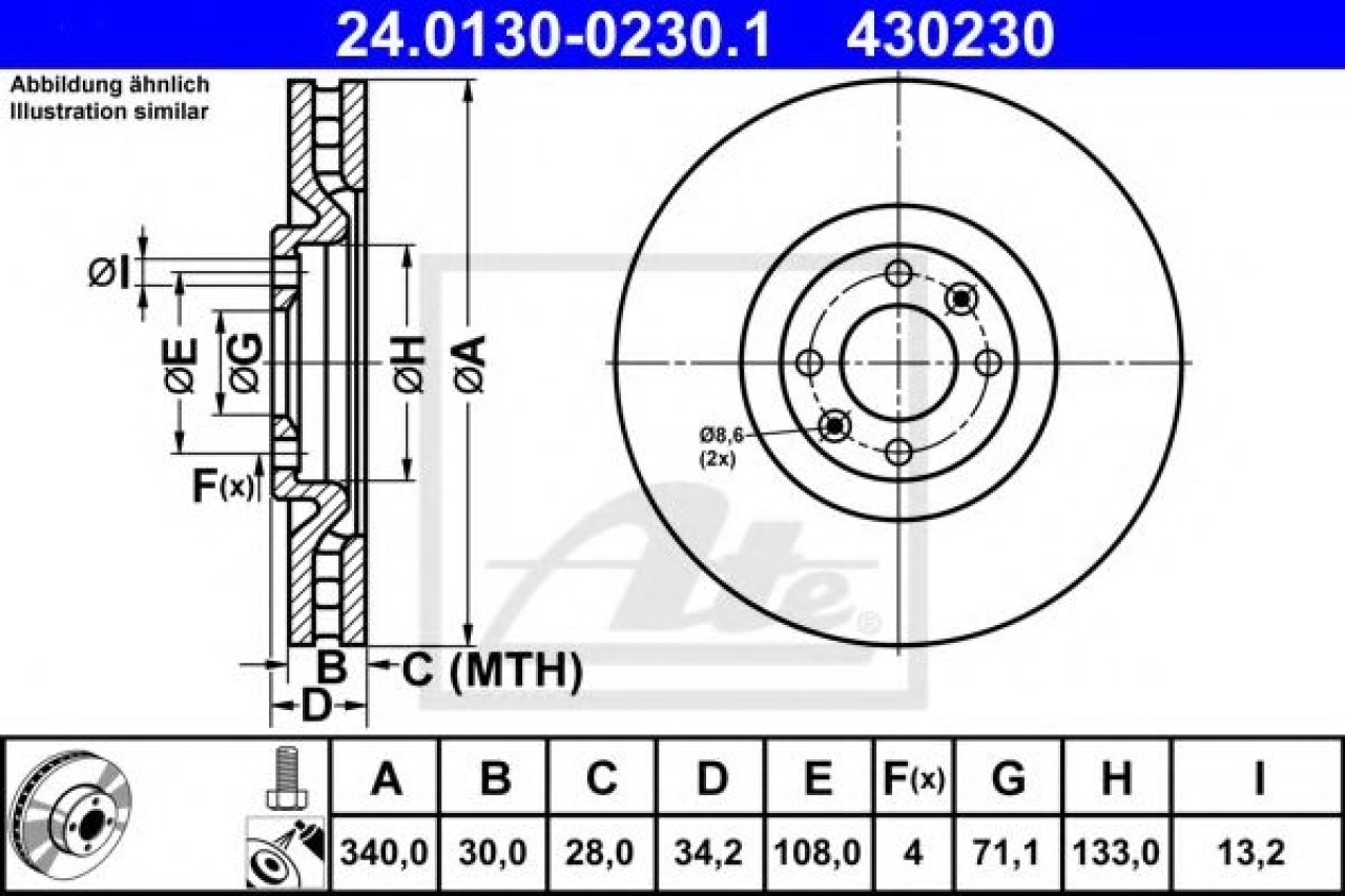 Disc frana CITROEN DS5 (2011 - 2015) ATE 24.0130-0230.1 piesa NOUA