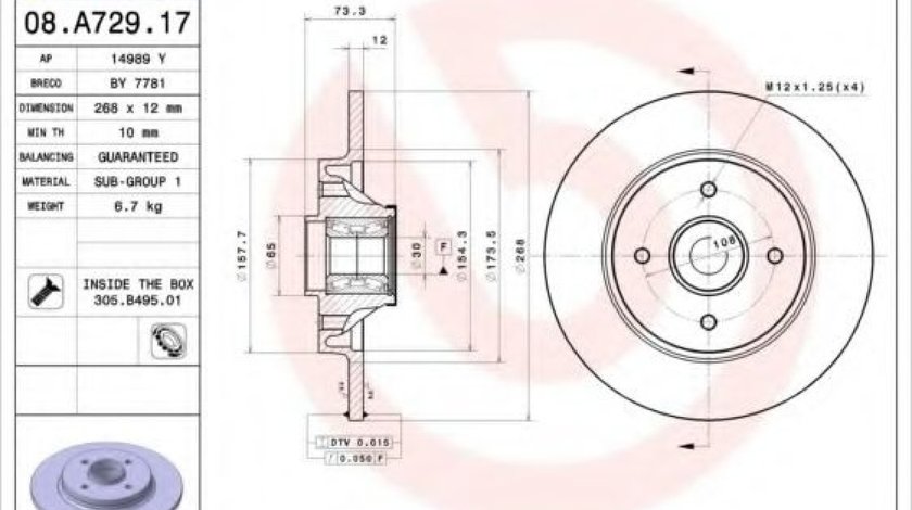 Disc frana CITROEN DS5 (2011 - 2015) BREMBO 08.A729.17 piesa NOUA