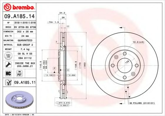 Disc frana CITROEN DS5 (2011 - 2015) BREMBO 09.A185.11 piesa NOUA