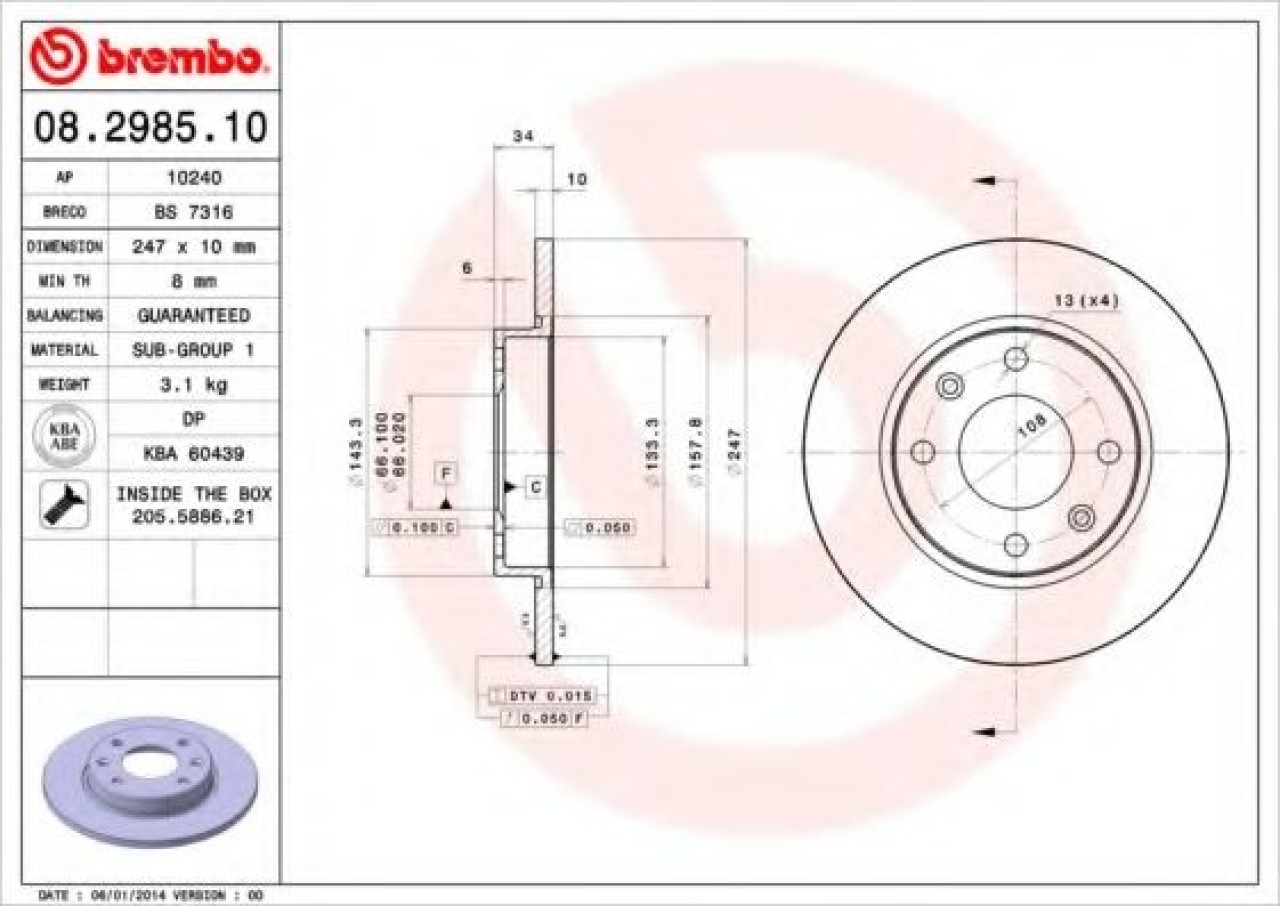 Disc frana CITROEN SAXO (S0, S1) (1996 - 2004) BREMBO 08.2985.10 piesa NOUA