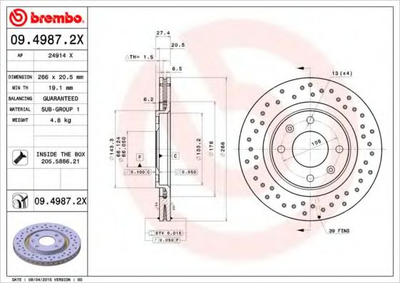 Disc frana CITROEN XANTIA (X2) (1998 - 2003) BREMBO 09.4987.2X piesa NOUA