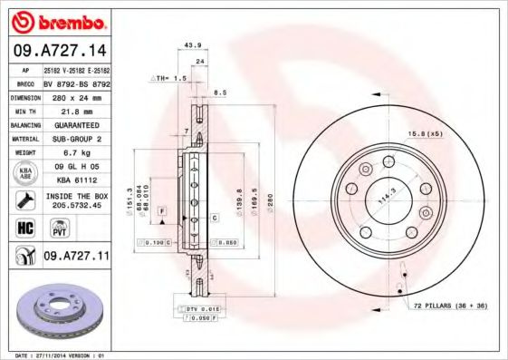 Disc frana DACIA DUSTER (2010 - 2016) BREMBO 09.A727.14 piesa NOUA