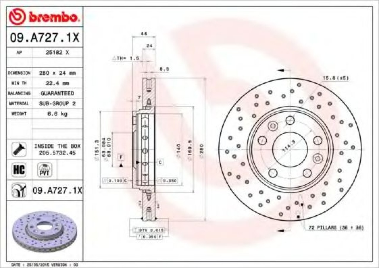 Disc frana DACIA DUSTER (2010 - 2016) BREMBO 09.A727.1X piesa NOUA