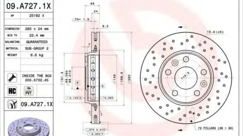 Disc frana DACIA DUSTER (2010 - 2016) BREMBO 09.A727.1X piesa NOUA