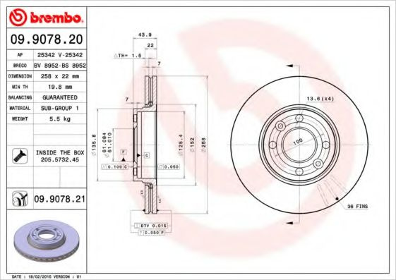 Disc frana DACIA LODGY (2012 - 2016) BREMBO 09.9078.20 piesa NOUA