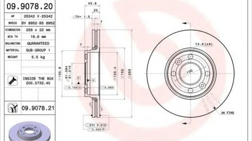 Disc frana DACIA LODGY (2012 - 2016) BREMBO 09.9078.21 produs NOU