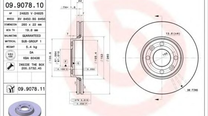 Disc frana DACIA LOGAN EXPRESS (FS) (2009 - 2016) BREMBO 09.9078.11 produs NOU
