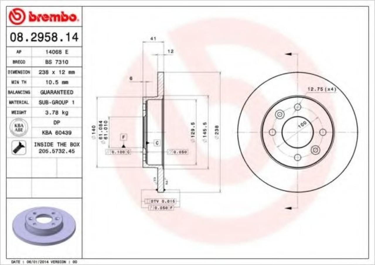 Disc frana DACIA LOGAN (LS) (2004 - 2016) BREMBO 08.2958.14 piesa NOUA