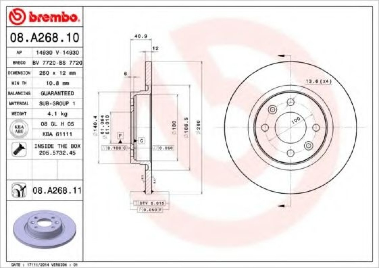 Disc frana DACIA LOGAN (LS) (2004 - 2016) BREMBO 08.A268.11 piesa NOUA