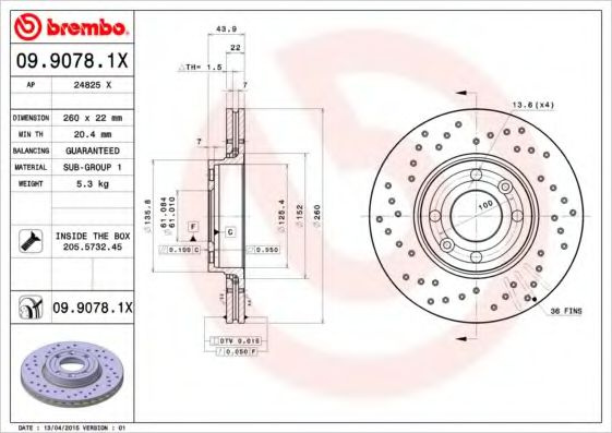 Disc frana DACIA LOGAN (LS) (2004 - 2016) BREMBO 09.9078.1X piesa NOUA