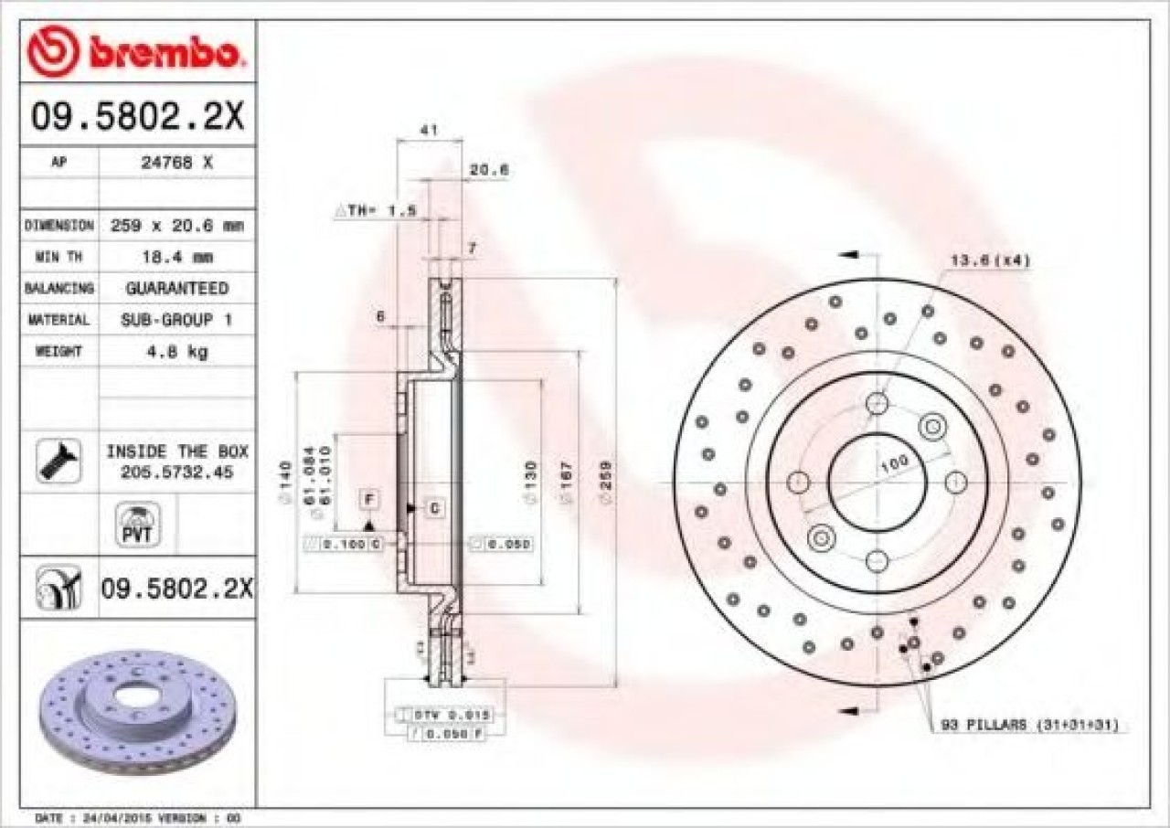 Disc frana DACIA LOGAN MCV (KS) (2007 - 2016) BREMBO 09.5802.2X piesa NOUA
