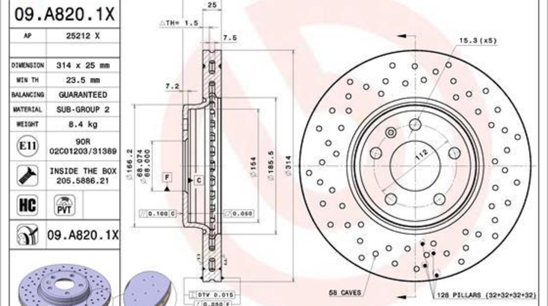 Disc Frana Fata Brembo Audi A4 B8 2007-2015 09.A820.1X