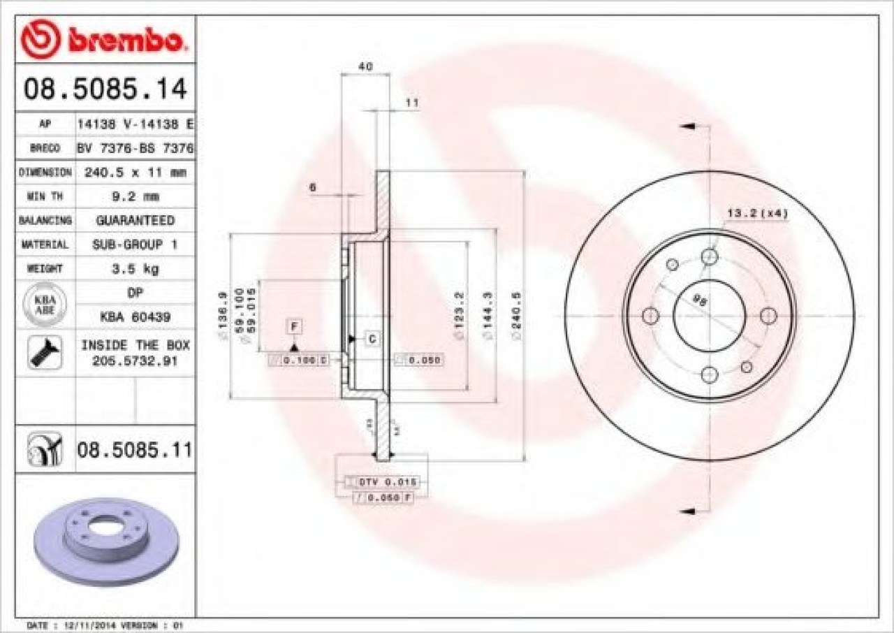Disc frana FIAT BRAVA (182) (1995 - 2003) BREMBO 08.5085.11 piesa NOUA