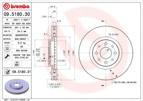 Disc frana FIAT BRAVO II (198) (2006 - 2016) BREMBO 09.5180.31 piesa NOUA