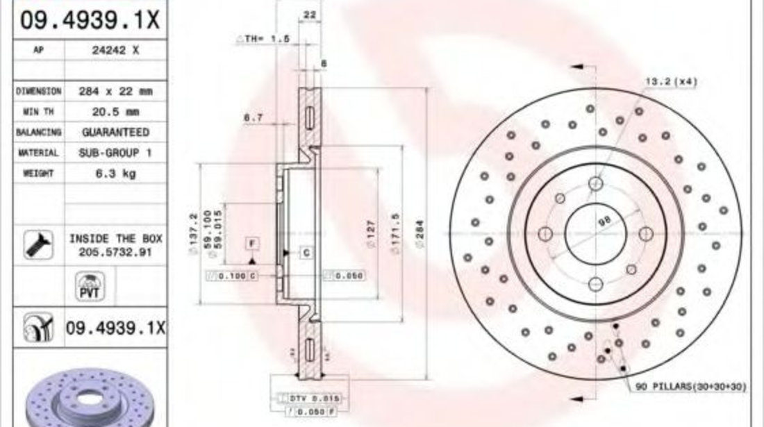 Disc frana FIAT DOBLO Microbus (223, 119) (2001 - 2016) BREMBO 09.4939.1X piesa NOUA