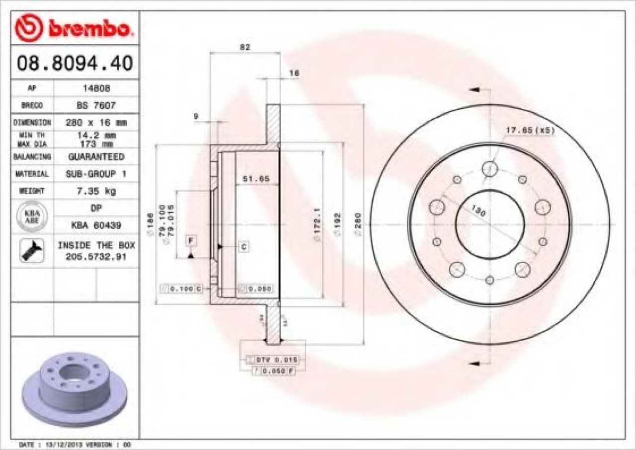 Disc frana FIAT DUCATO bus (230) (1994 - 2002) BREMBO 08.8094.40 piesa NOUA