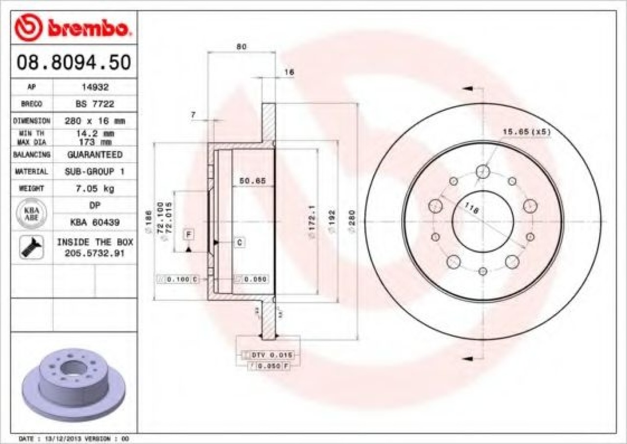 Disc frana FIAT DUCATO platou / sasiu (250, 290) (2006 - 2016) BREMBO 08.8094.50 piesa NOUA