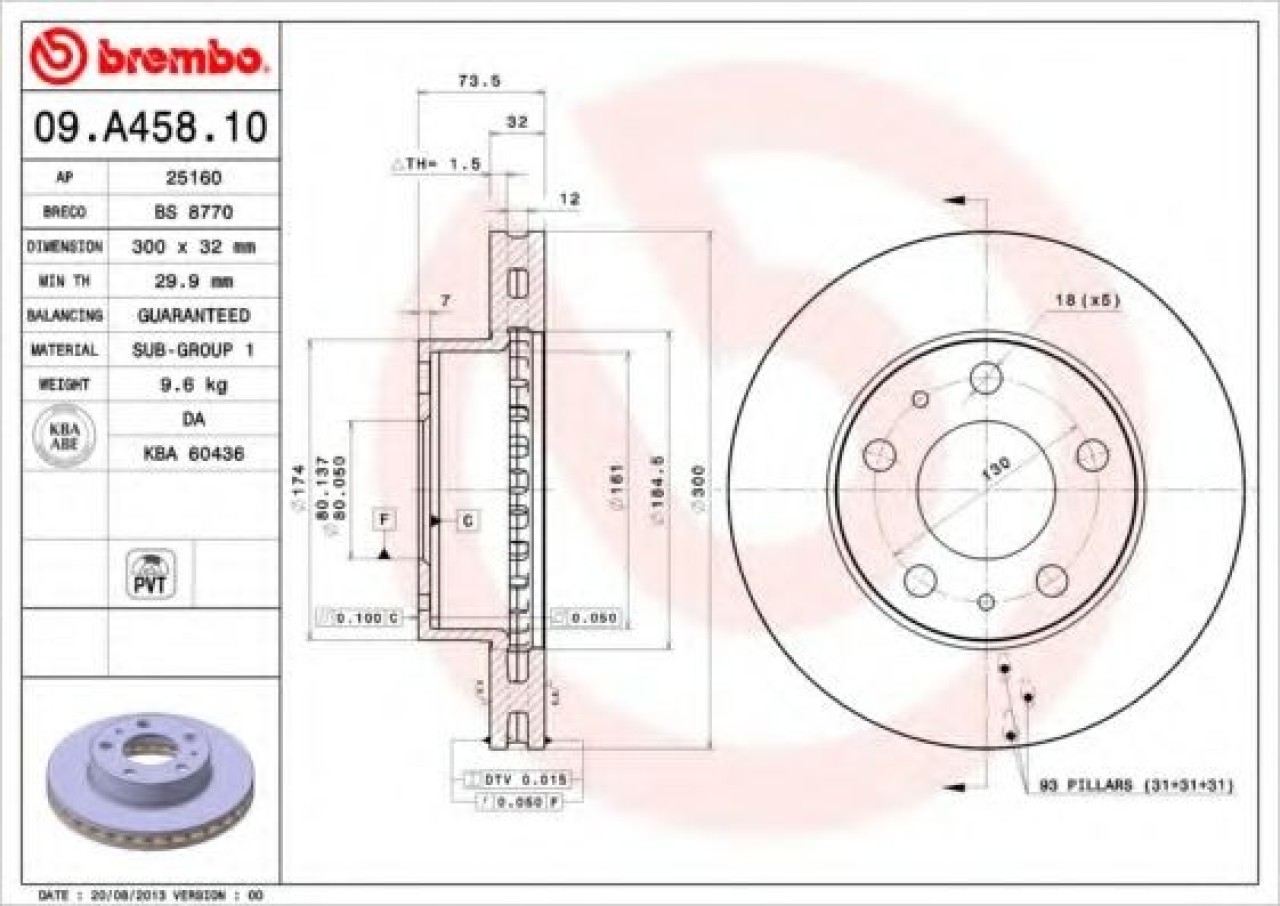 Disc frana FIAT DUCATO platou / sasiu (250, 290) (2006 - 2016) BREMBO 09.A458.10 piesa NOUA