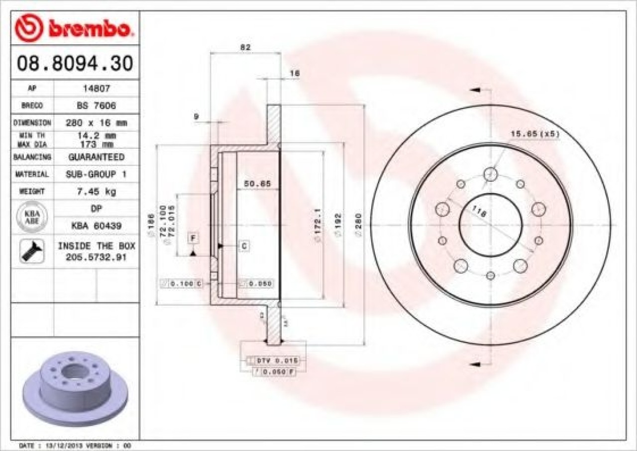 Disc frana FIAT DUCATO platou / sasiu (250, 290) (2006 - 2016) BREMBO 08.8094.30 piesa NOUA