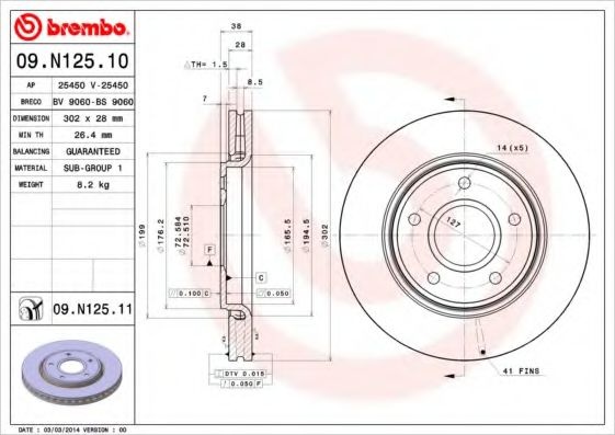 Disc frana FIAT FREEMONT (JC, JF) (2011 - 2016) BREMBO 09.N125.11 piesa NOUA