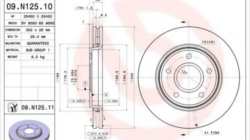 Disc frana FIAT FREEMONT (JC, JF) (2011 - 2016) BREMBO 09.N125.11 piesa NOUA