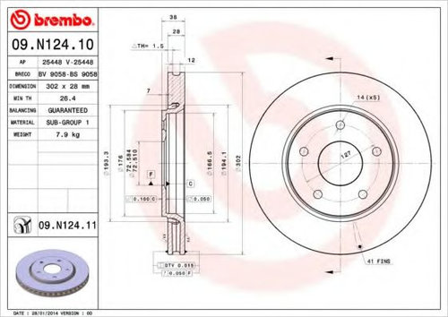 Disc frana FIAT FREEMONT (JC, JF) (2011 - 2016) BREMBO 09.N124.11 piesa NOUA