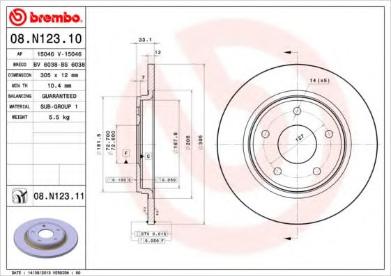 Disc frana FIAT FREEMONT (JC, JF) (2011 - 2016) BREMBO 08.N123.11 piesa NOUA