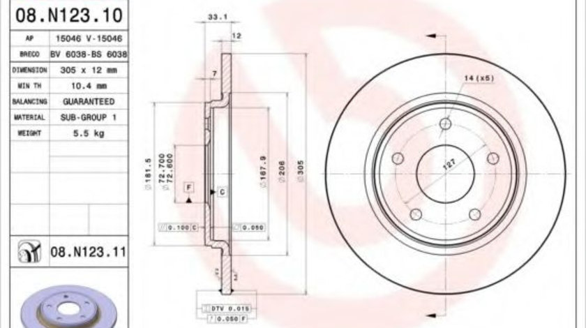 Disc frana FIAT FREEMONT (JC, JF) (2011 - 2016) BREMBO 08.N123.11 piesa NOUA