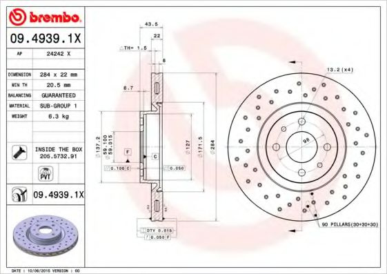 Disc frana FIAT LINEA (323) (2007 - 2016) BREMBO 09.4939.1X piesa NOUA