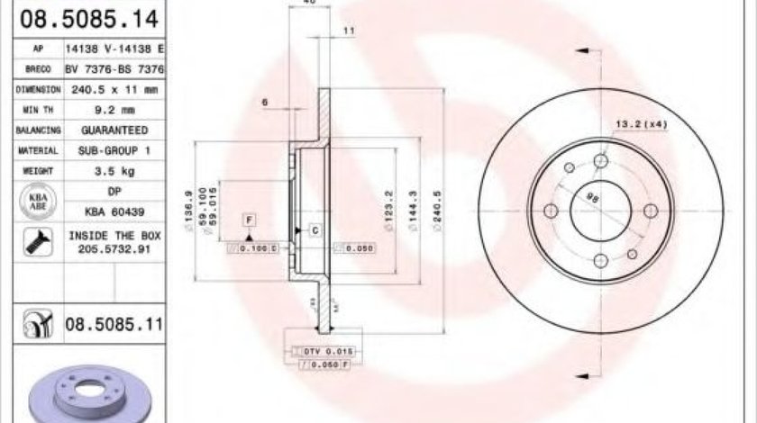 Disc frana FIAT MAREA (185) (1996 - 2007) BREMBO 08.5085.11 piesa NOUA