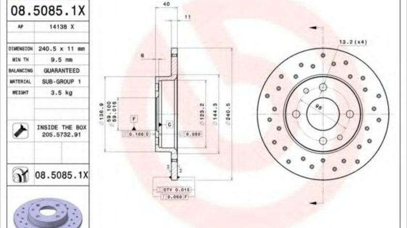 Disc frana FIAT PANDA (169) (2003 - 2016) BREMBO 08.5085.1X piesa NOUA