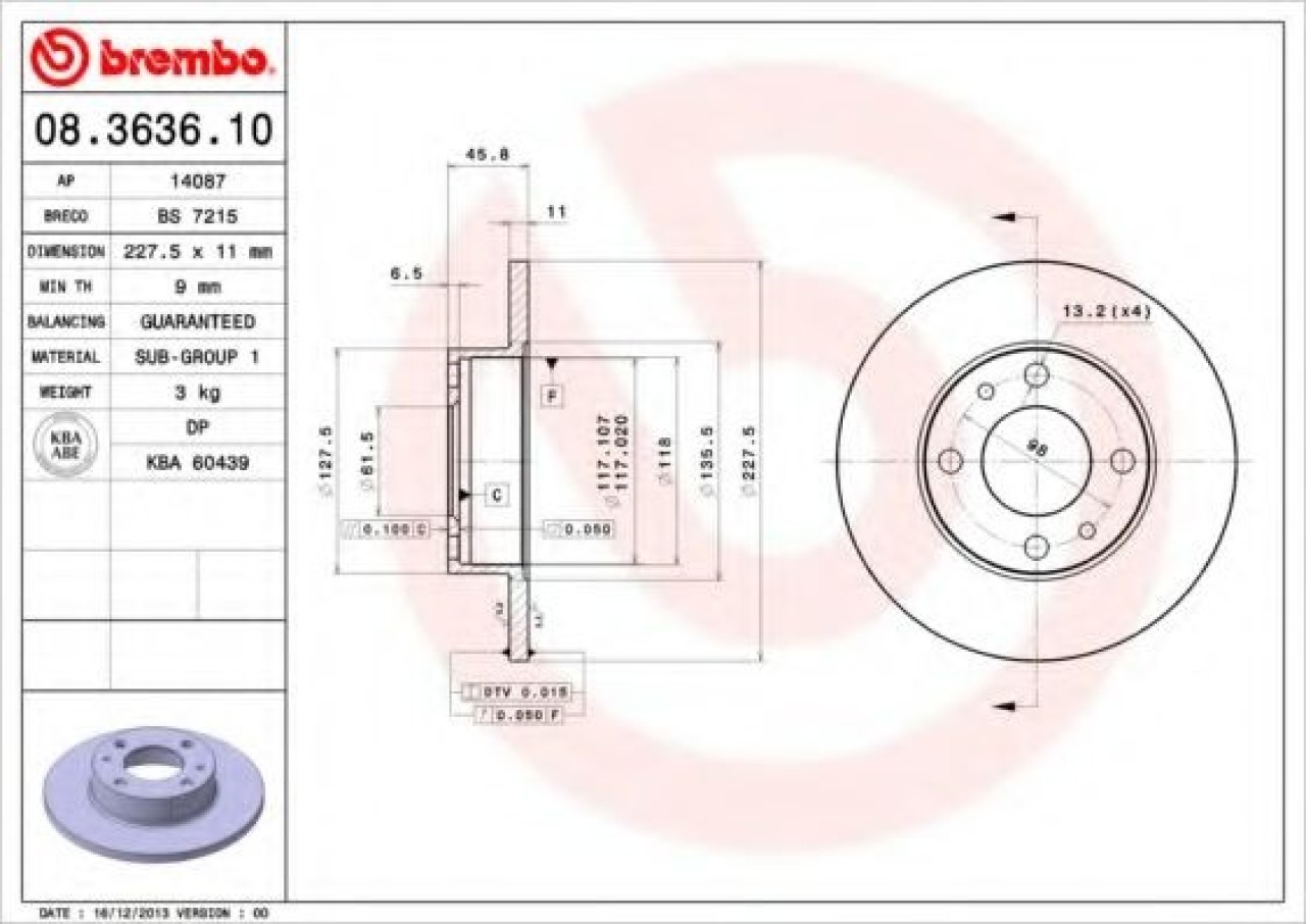 Disc frana FIAT PANDA Van (141) (1986 - 2004) BREMBO 08.3636.10 piesa NOUA