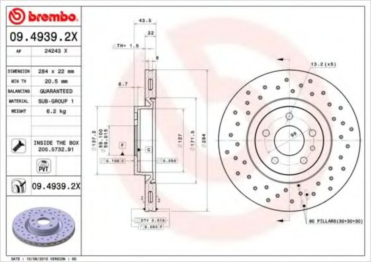 Disc frana FIAT PRATICO platou / sasiu (263) (2010 - 2016) BREMBO 09.4939.2X piesa NOUA