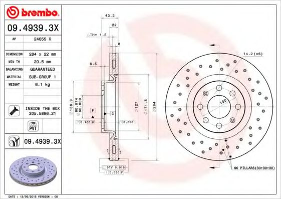 Disc frana FIAT PUNTO EVO (199) (2008 - 2016) BREMBO 09.4939.3X piesa NOUA