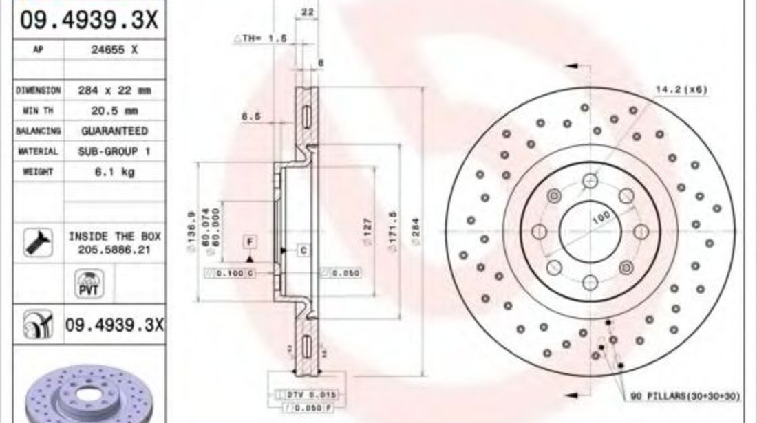 Disc frana FIAT PUNTO EVO (199) (2008 - 2016) BREMBO 09.4939.3X piesa NOUA