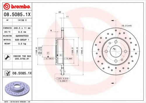 Disc frana FIAT PUNTO Van (188AX) (2000 - 2009) BREMBO 08.5085.1X piesa NOUA