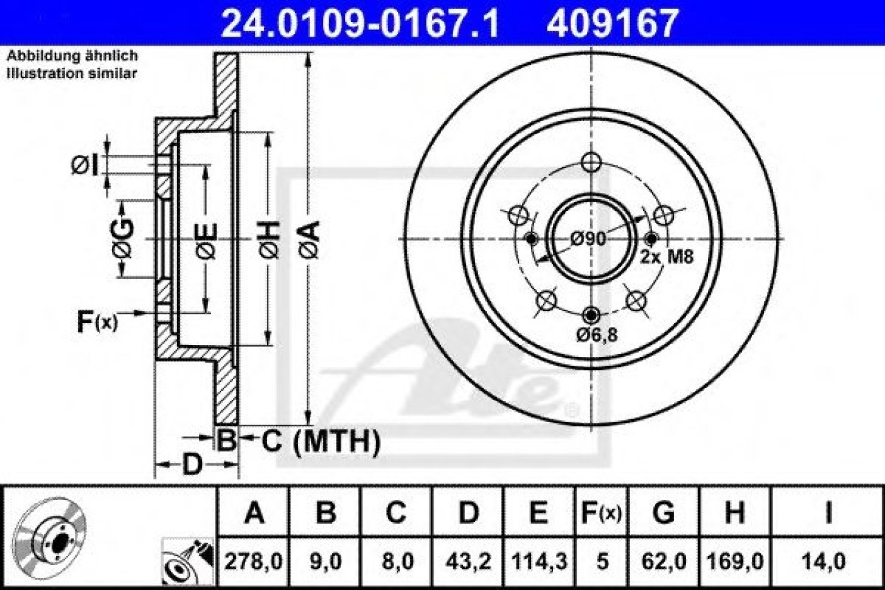 Disc frana FIAT SEDICI (FY) (2006 - 2016) ATE 24.0109-0167.1 piesa NOUA