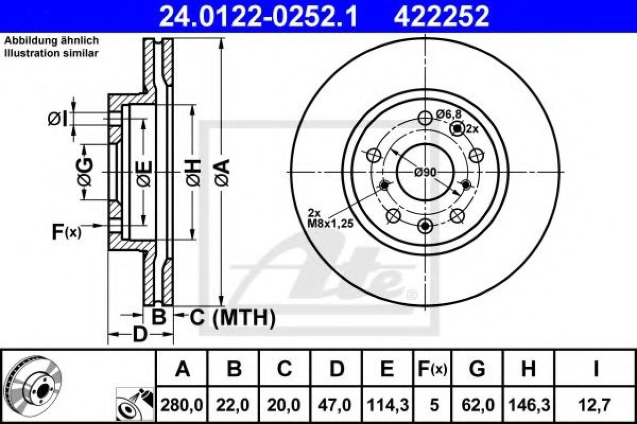 Disc frana FIAT SEDICI (FY) (2006 - 2016) ATE 24.0122-0252.1 piesa NOUA