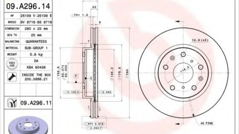 Disc frana FIAT SEDICI (FY) (2006 - 2016) BREMBO 09.A296.11 piesa NOUA