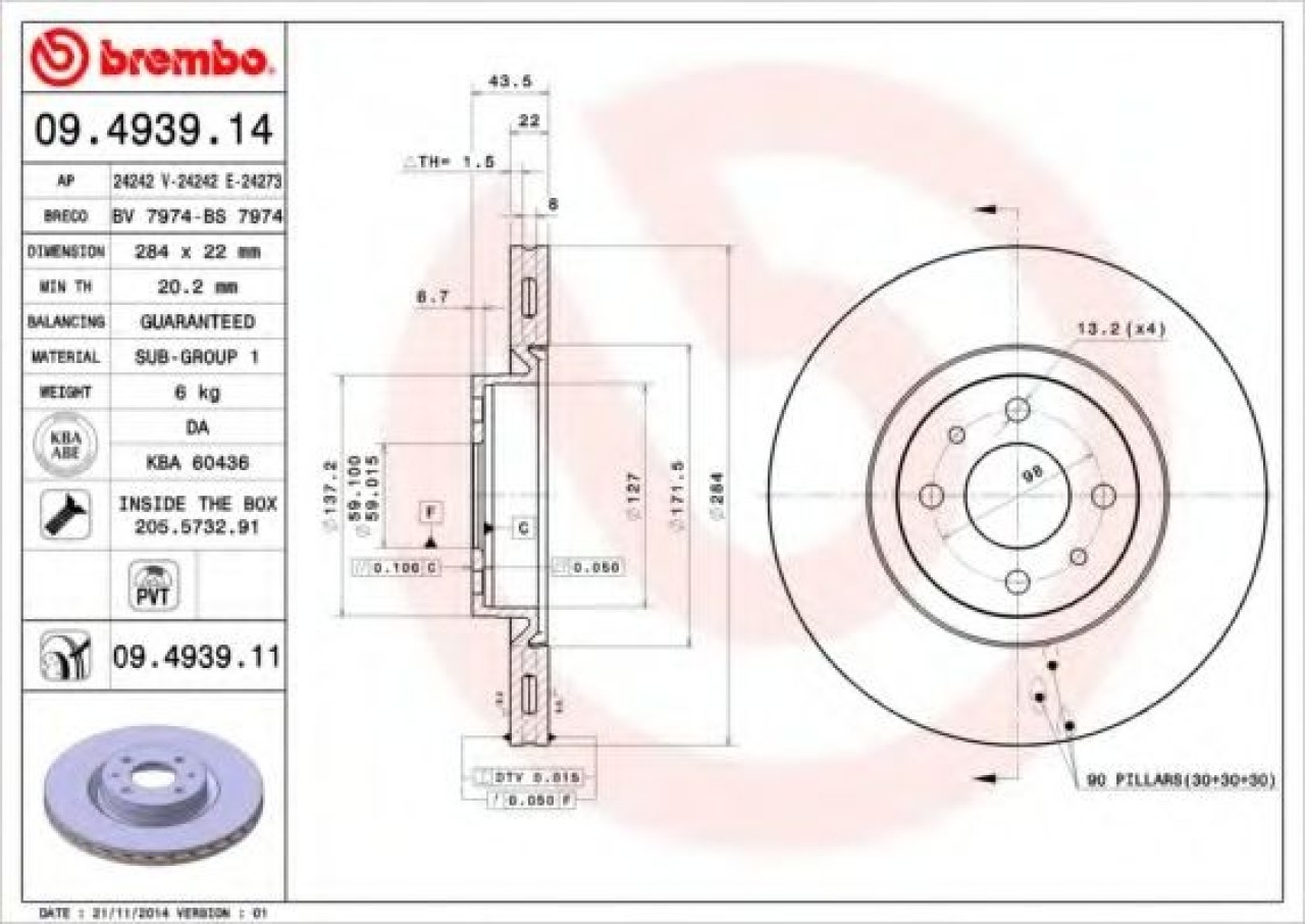 Disc frana FIAT STILO (192) (2001 - 2010) BREMBO 09.4939.11 piesa NOUA