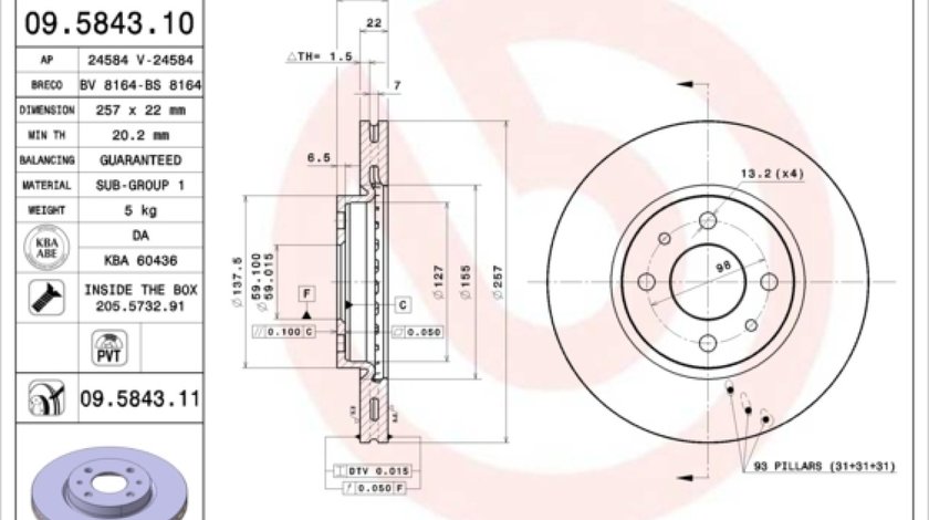 Disc frana FIAT STILO Multi Wagon 192 Producator BREMBO 09.5843.11
