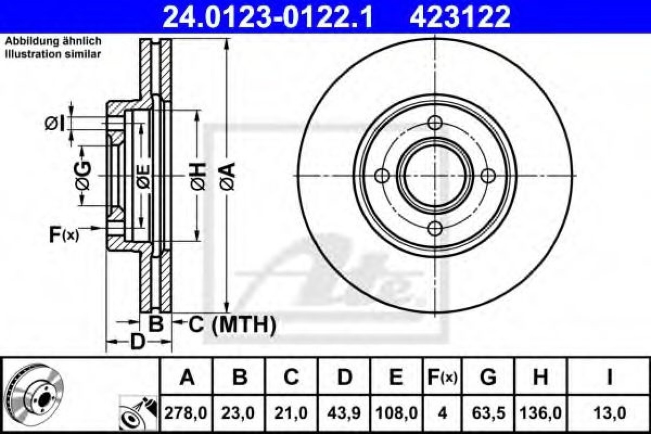 Disc frana FORD B-MAX (JK) (2012 - 2016) ATE 24.0123-0122.1 piesa NOUA