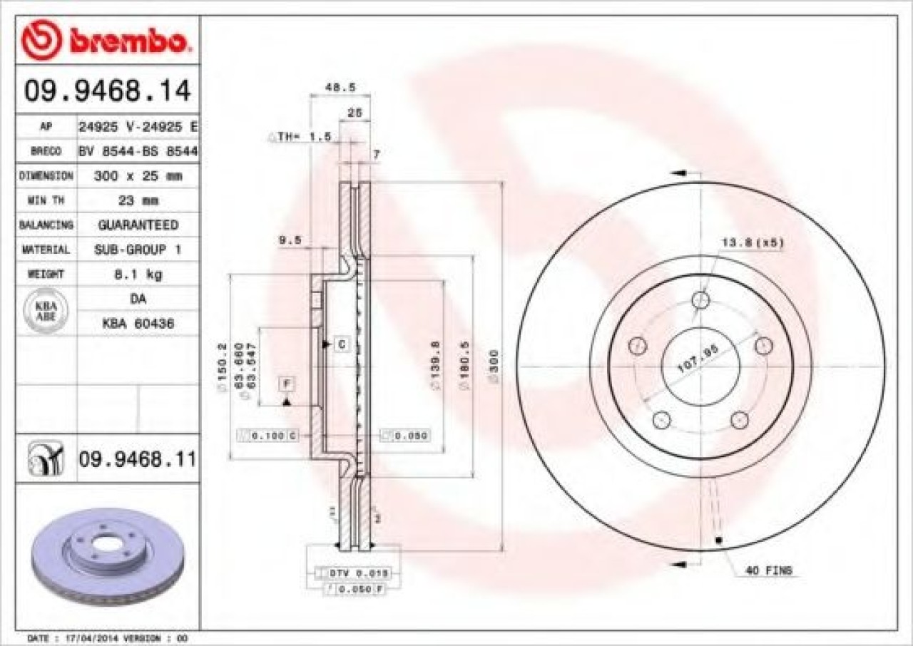 Disc frana FORD C-MAX II (DXA) (2010 - 2016) BREMBO 09.9468.11 piesa NOUA