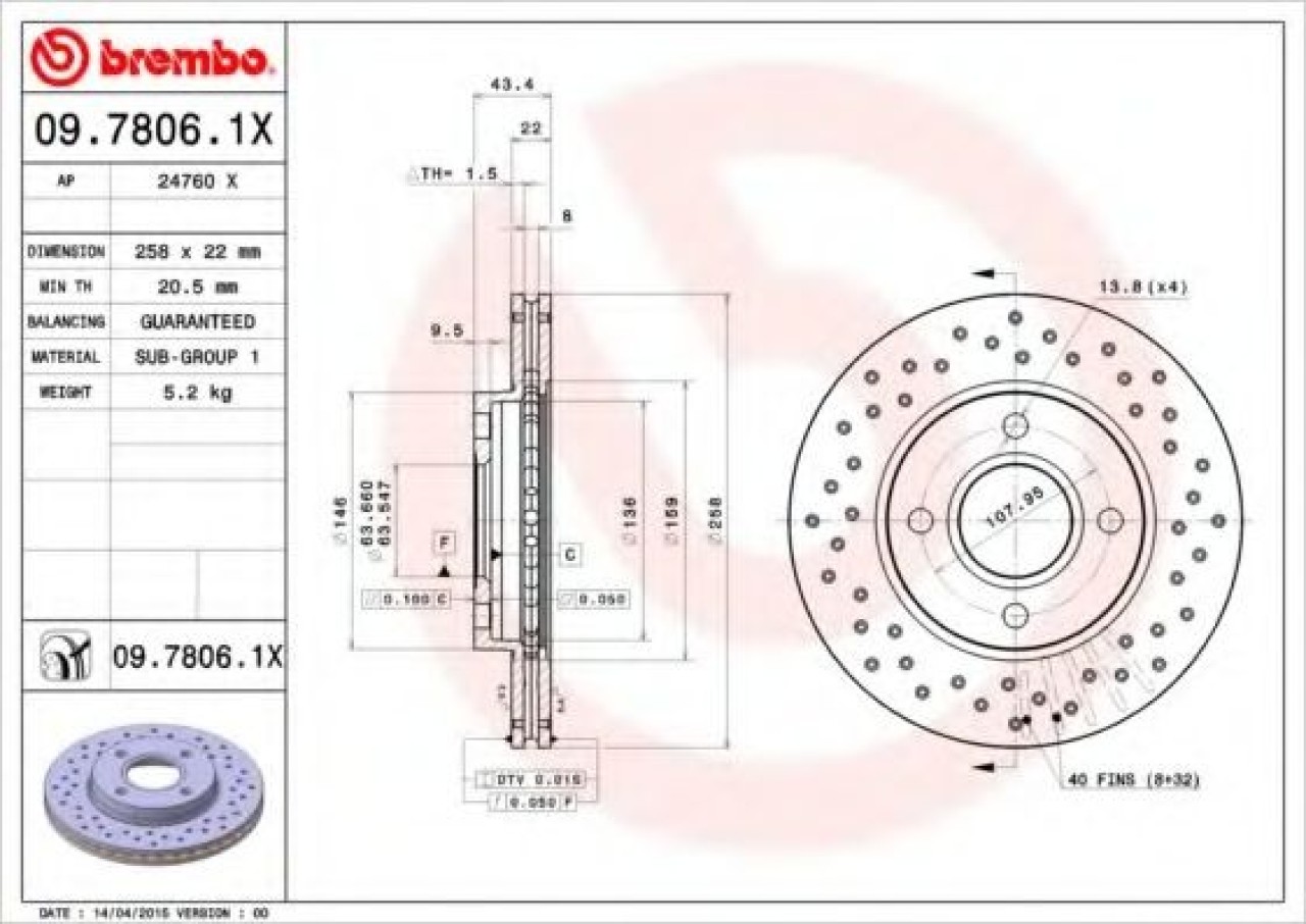Disc frana FORD FIESTA IV (JA, JB) (1995 - 2002) BREMBO 09.7806.1X piesa NOUA
