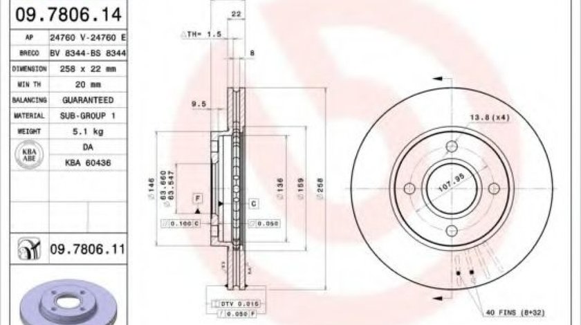 Disc frana FORD FIESTA V (JH, JD) (2001 - 2010) BREMBO 09.7806.14 produs NOU