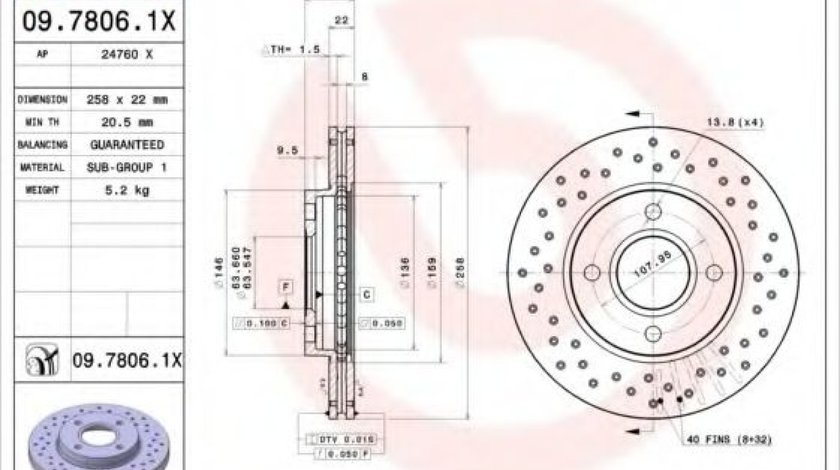 Disc frana FORD FIESTA V (JH, JD) (2001 - 2010) BREMBO 09.7806.1X produs NOU