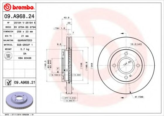 Disc frana FORD FIESTA VI (2008 - 2016) BREMBO 09.A968.24 piesa NOUA