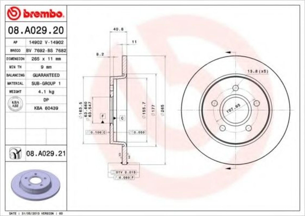 Disc frana FORD FOCUS C-MAX (2003 - 2007) BREMBO 08.A029.21 piesa NOUA