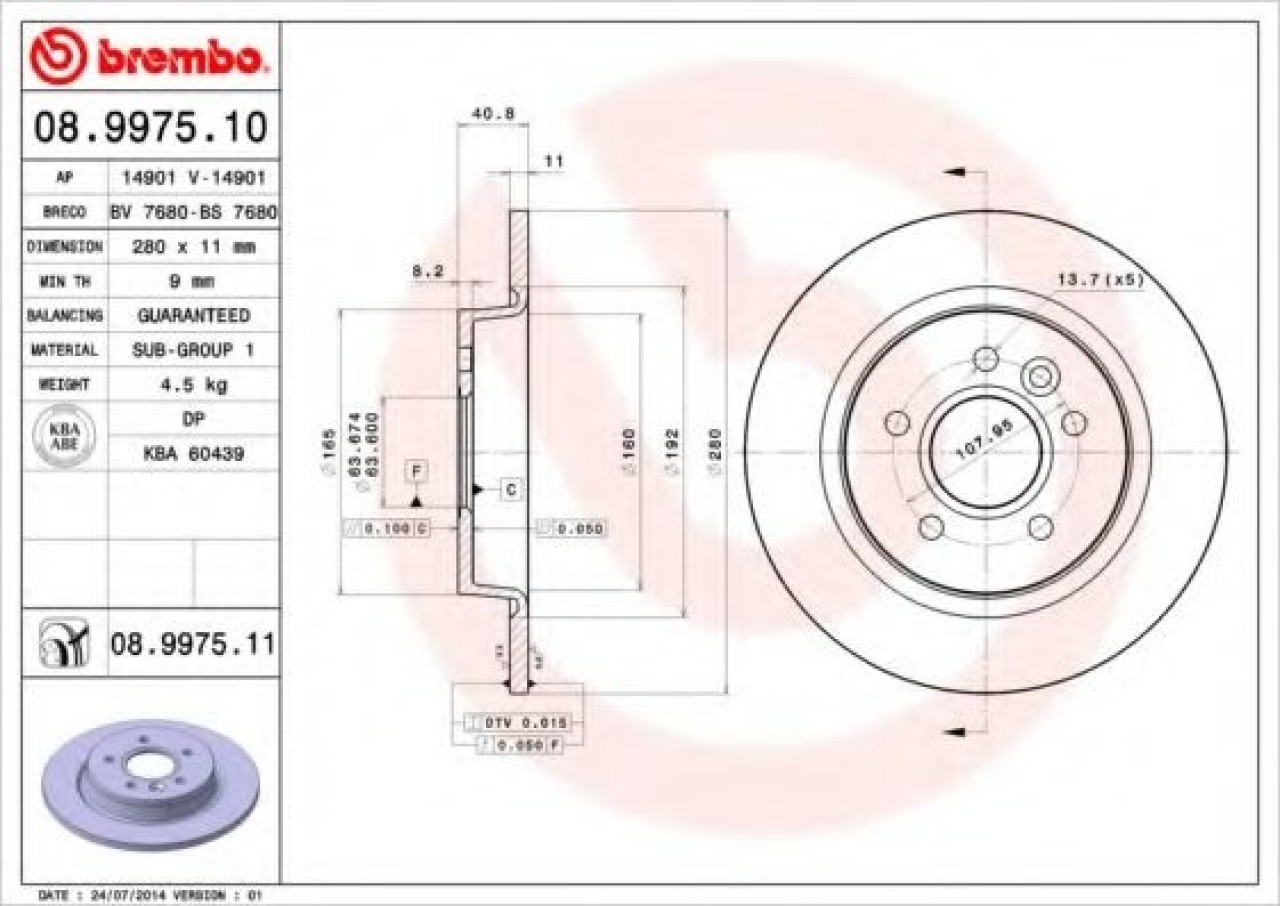 Disc frana FORD FOCUS II Limuzina (DA) (2005 - 2016) BREMBO 08.9975.11 piesa NOUA